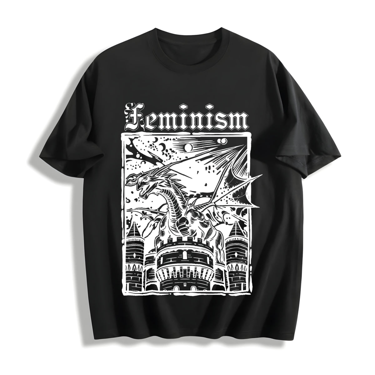 Feminism Dragon Castle Cotton T-Shirt in Black