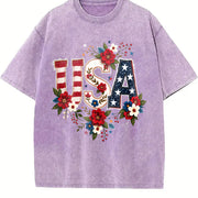 Effortless Chic Coastal Granddaughter Statement USA Flag Vintage Washed T-Shirt in Purple