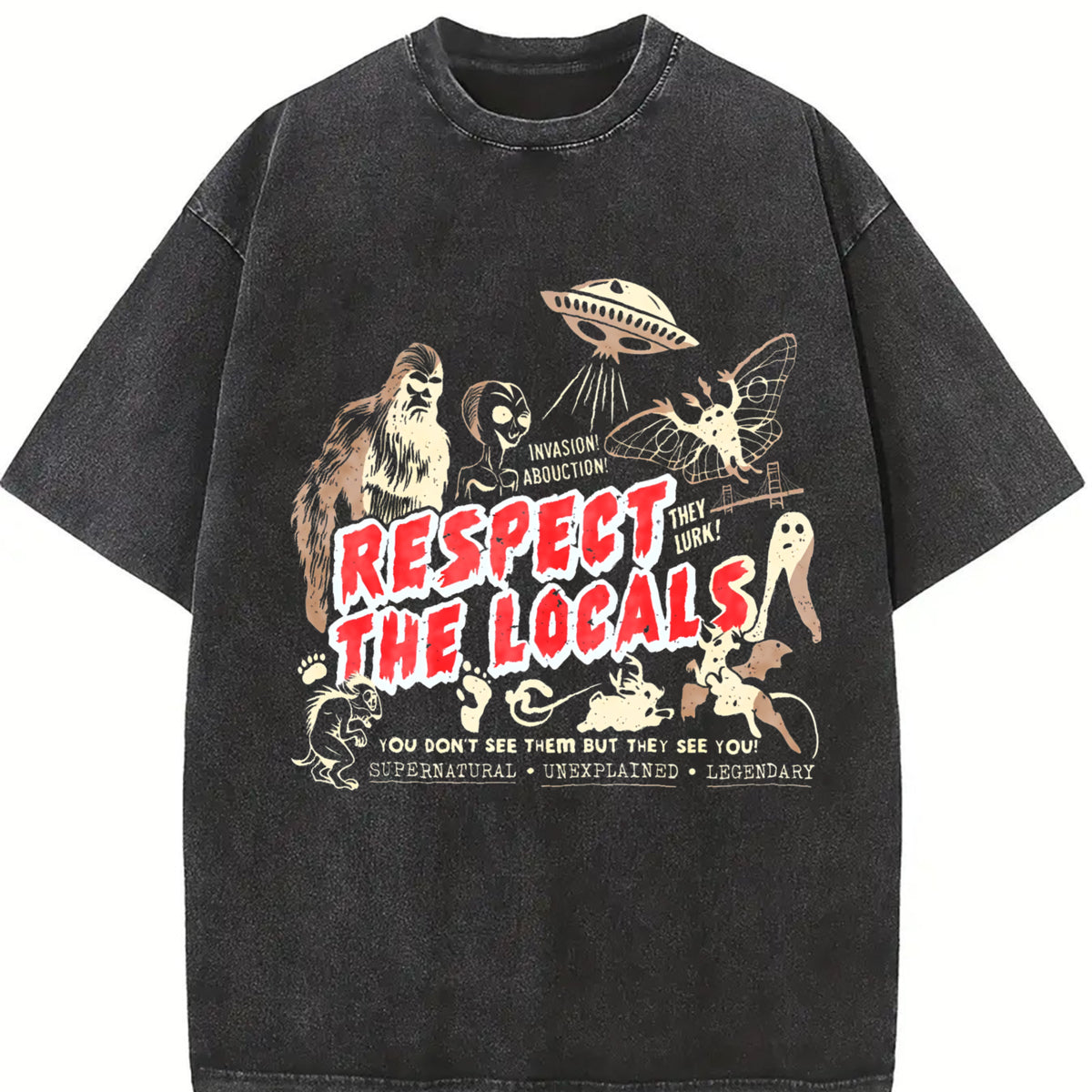 Respect The Locals Cryptids Folklure Bigfoot Alien vintage washed oversized T-shirt in Black