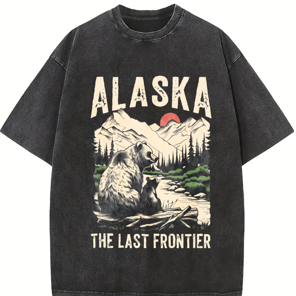 Retro Alaska the Last Frontier Grizzly Bear 90s Vintage Washed T-Shirt in Black