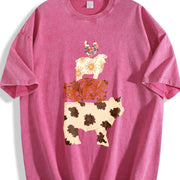 Western Cow Faux Patchwork Hen Pig Lamp Retro Country Vintage Washed T-Shirt in Red