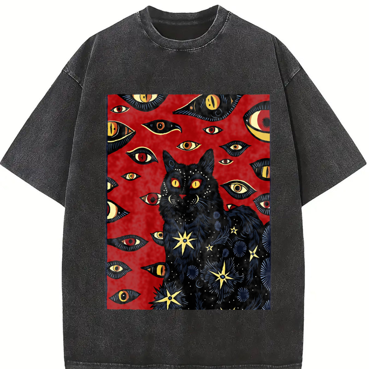 Cat and Red Eyes Gothic Vintage Washed T-Shirt in Black