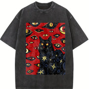 Cat and Red Eyes Gothic Vintage Washed T-Shirt in Black