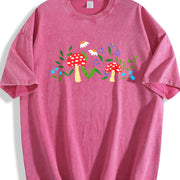 Mushroom Floral Garden Fairy Embroidered Vintage Washed T-Shirt in Red