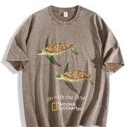 Go with the Flow Sea Turtle Ocean Nature Lover Boxy DTG Vintage Washed T-Shirt in Brown
