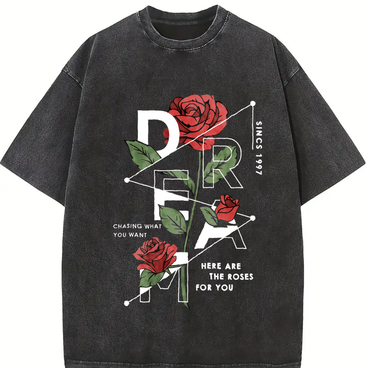 1pc Retro Rose Vintage Washed T-Shirt in Black