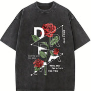 1pc Retro Rose Vintage Washed T-Shirt in Black