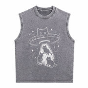 Cat UFO Cute Kitty Space Spaceship Alien Vintage Washed Tank Top in Gray
