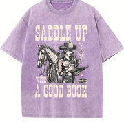 Cowgirl Saddle Up a Good Book Western Vintage Washed T-Shirt in Purple