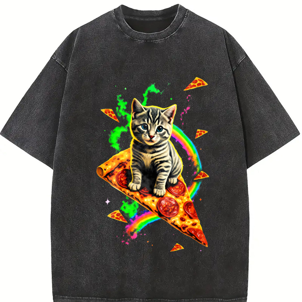 Cat Meme Pizza Galaxy Vintage Washed T-Shirt in Black