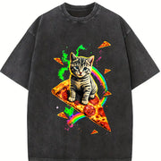 Cat Meme Pizza Galaxy Vintage Washed T-Shirt in Black
