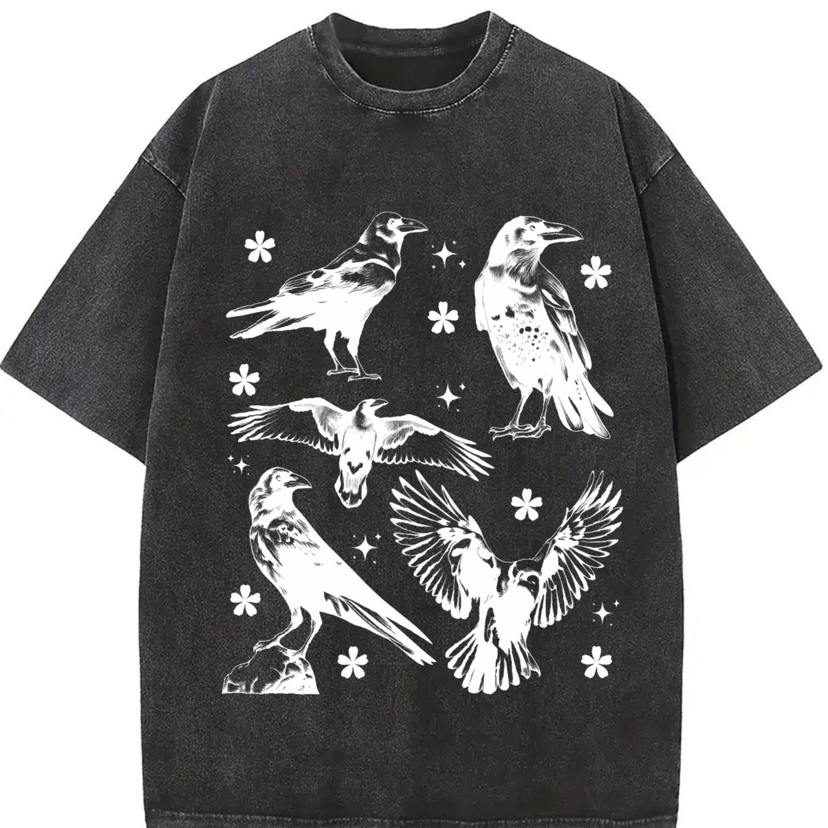 Ravens Tattoo Gothic Crow Vintage Washed T-Shirt in Black