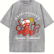 With Octopus Fashionable Vintage Washed T-Shirt in Gray