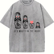 Retro Russian Nesting Wooden Dolls 90s Vintage Washed T-Shirt in Gray