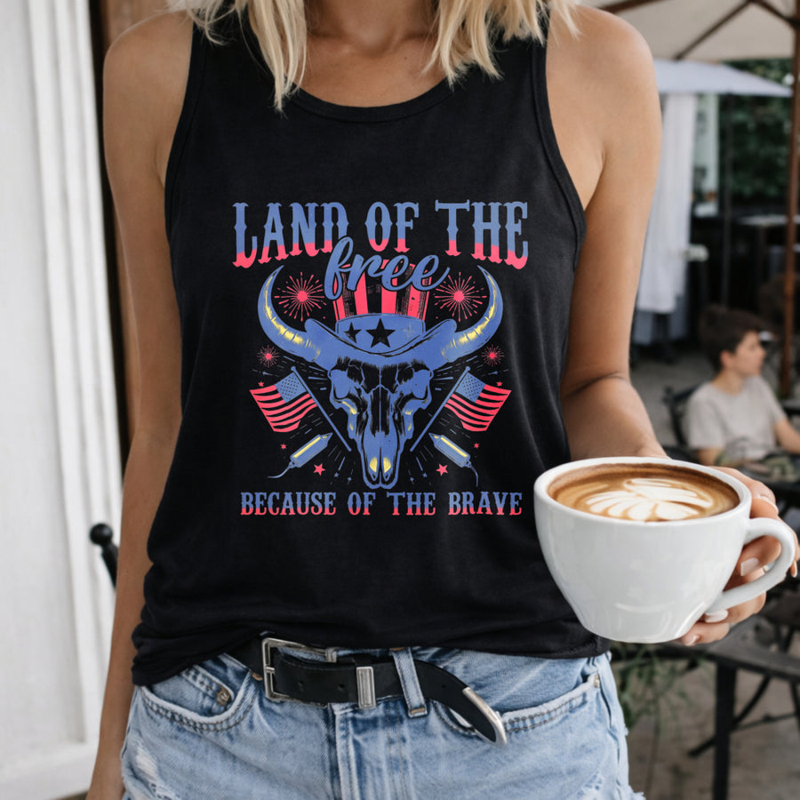 Land of the Free Because of the Brave Women's Color Cotton Tank Top in Black
