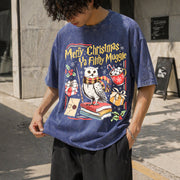 Merry Christmas Ya Filthy Retro Wizard Holiday Wizard Vintage Washed T-Shirt in Blue