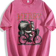 Retro Merry Santa Riding Bike 90s Vintage Washed T-Shirt in Red