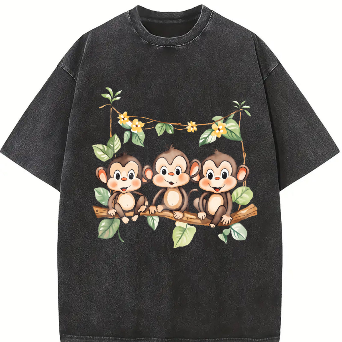 With Three Monkeys on Branch Yellow Flowers and Green Vintage Washed T-Shirt in Black