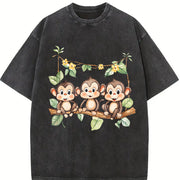 With Three Monkeys on Branch Yellow Flowers and Green Vintage Washed T-Shirt in Black