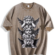 Gothic Three Wise Monkeys Angel Statue Sleeveless Tank Vintage Washed T-Shirt in Brown