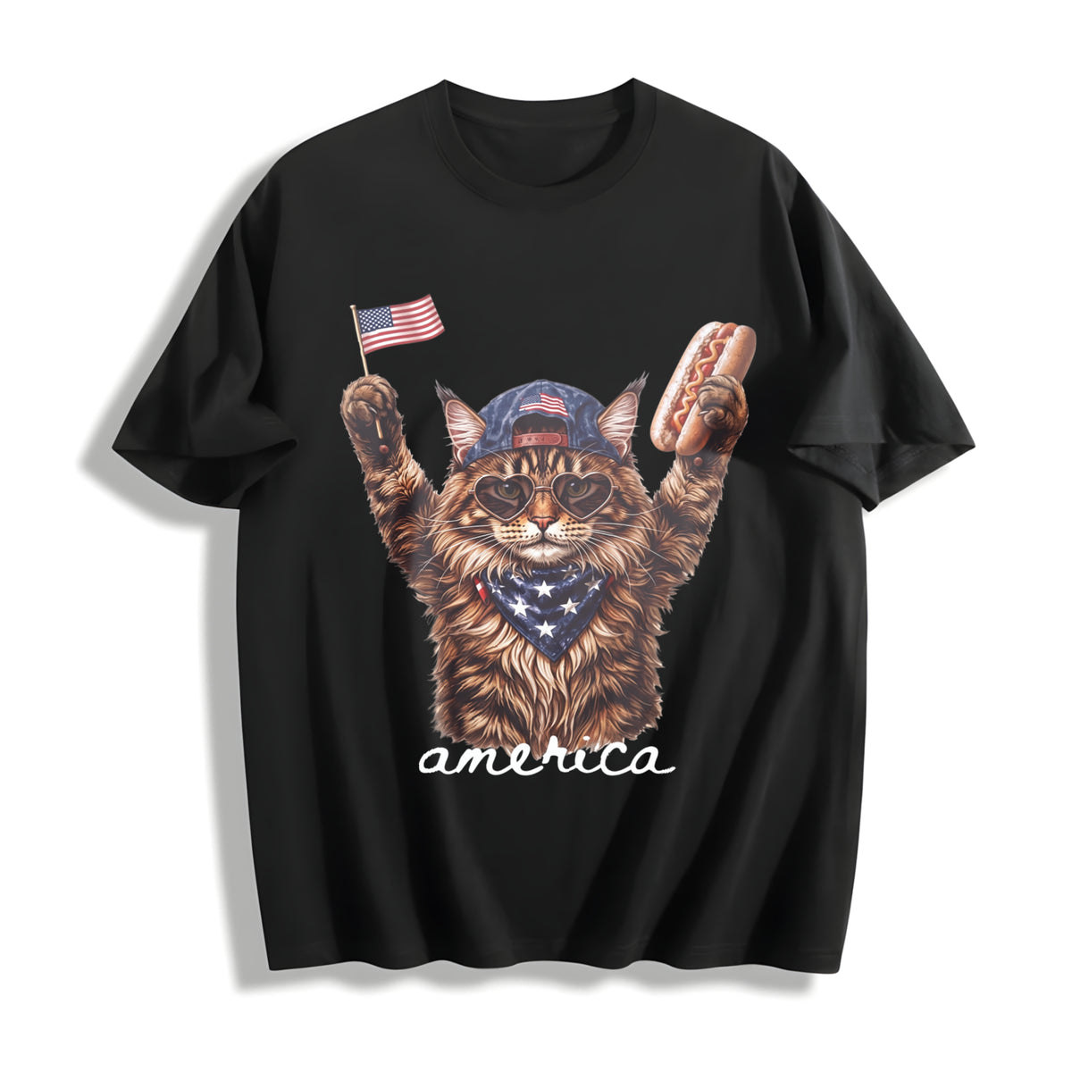 Patriotic Cat Lover Cotton T-Shirt in Black