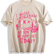Smiling Skull and Crossbones with Pink Energy Slogan Vintage Washed T-Shirt in Beige