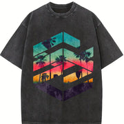 Tropical Sunset Palm Tree Sleeveless Tank Vintage Washed T-Shirt in Black