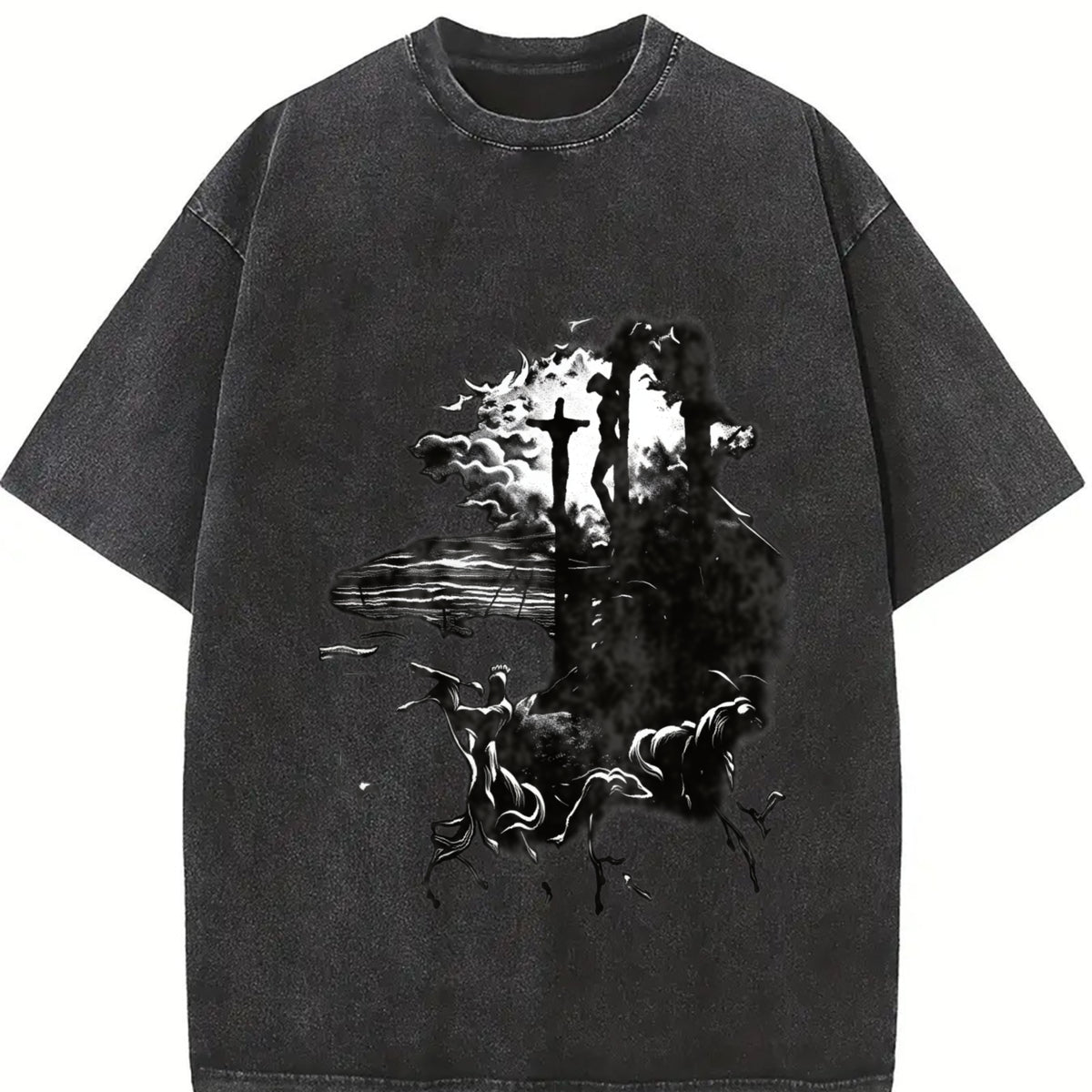 Jesus Cross Long Sleeve Double Sides For Him For Her vintage washed oversized T-shirt in Black