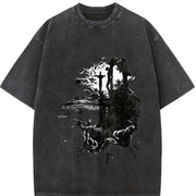 Jesus Cross Long Sleeve Double Sides For Him For Her vintage washed oversized T-shirt in Black