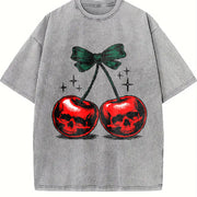Heavy-duty Dark Grey with Red Cherries Vintage Washed T-Shirt in Gray