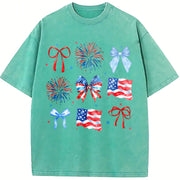 USA Coquette Bow Retro America Vintage Washed T-Shirt in Blue