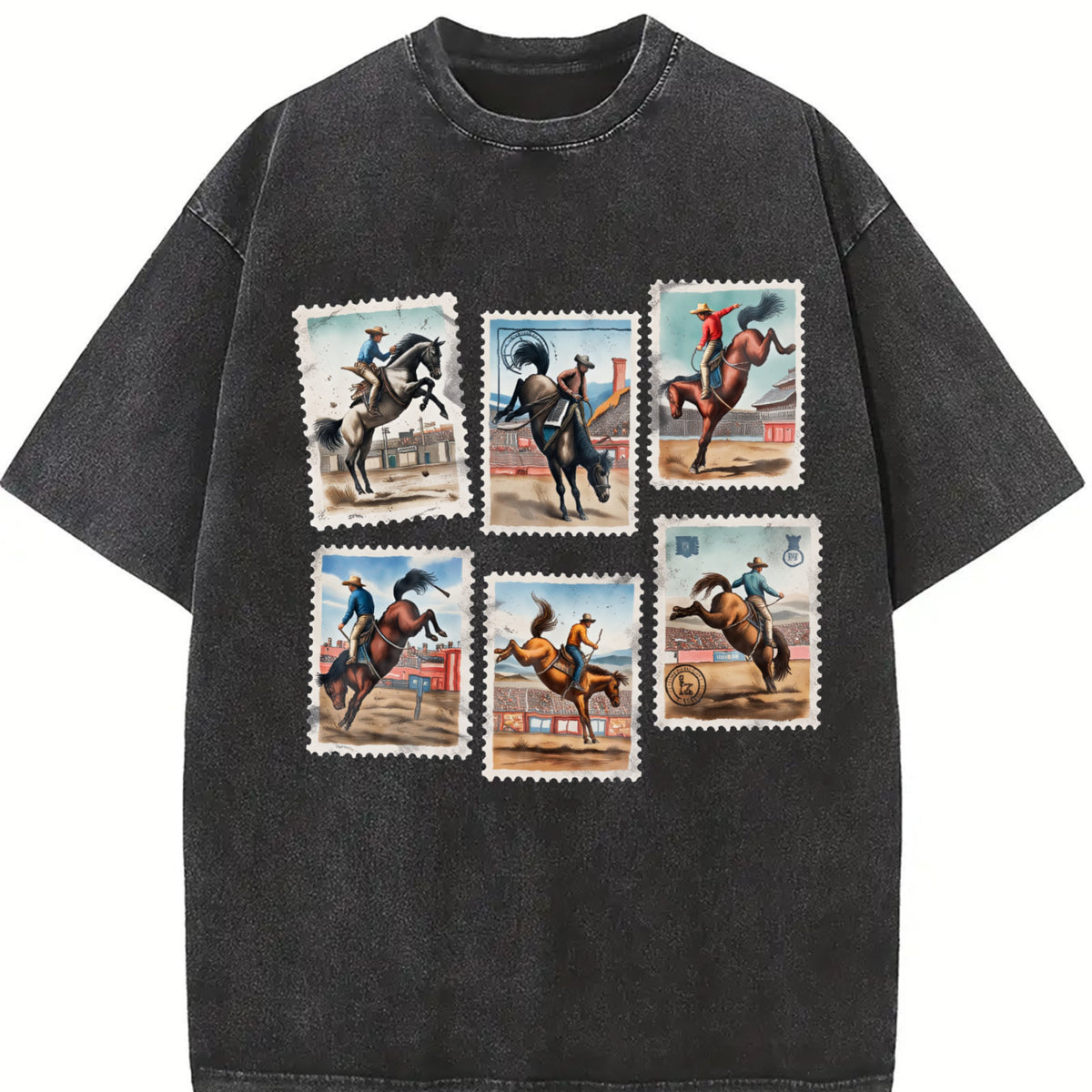 Rodeo Bucking Horse Western Cowboy Rodeo Stamp vintage washed oversized T-shirt in Black