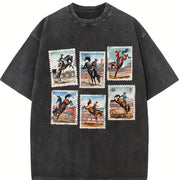 Rodeo Bucking Horse Western Cowboy Rodeo Stamp vintage washed oversized T-shirt in Black