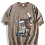 Aaron New York Custom Comic Style Baseball Custom vintage washed oversized T-shirt in Brown