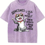 Cat Fashionable Elegant Vintage Washed T-Shirt in Purple