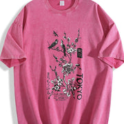 Floral Birds vintage washed oversized T-shirt in Red