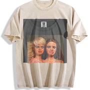Two Glam Dolls Portrait Vintage Washed T-Shirt in Beige