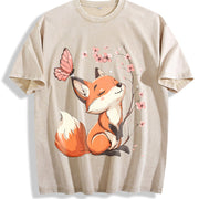 Floral Butterfly Fox Vintage Washed T-Shirt in Beige