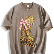 Pink Leopard with Bow Vintage Washed T-Shirt in Brown