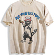 USA Red White Feral Racoon Hot dog Party America vintage washed oversized T-shirt in Beige