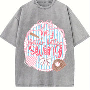 ZestLoop Preppy Baseball Bow Glitter Vintage Washed T-Shirt in Gray