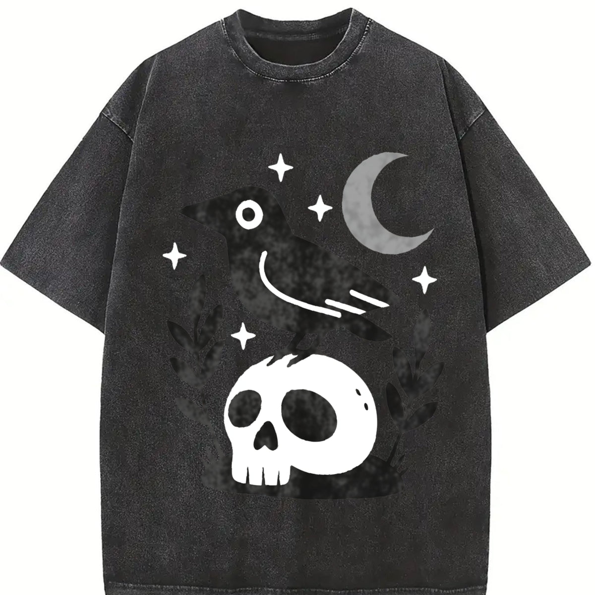 Witchy Crow Skull Moon and Stars Gothic Raven vintage washed oversized T-shirt in Black