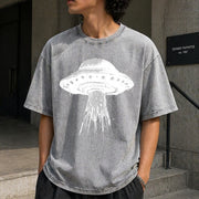 Retro UFO 90s Sci-fi Alien Vintage Washed T-Shirt in Gray