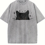 Cute Cat Black Cat Vintage Washed T-Shirt in Gray