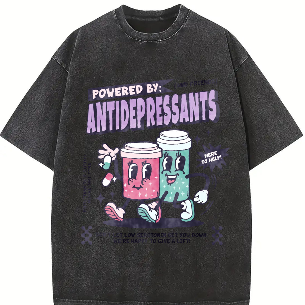 Retro Powered by Antidepressants Vintage Washed T-Shirt in Black