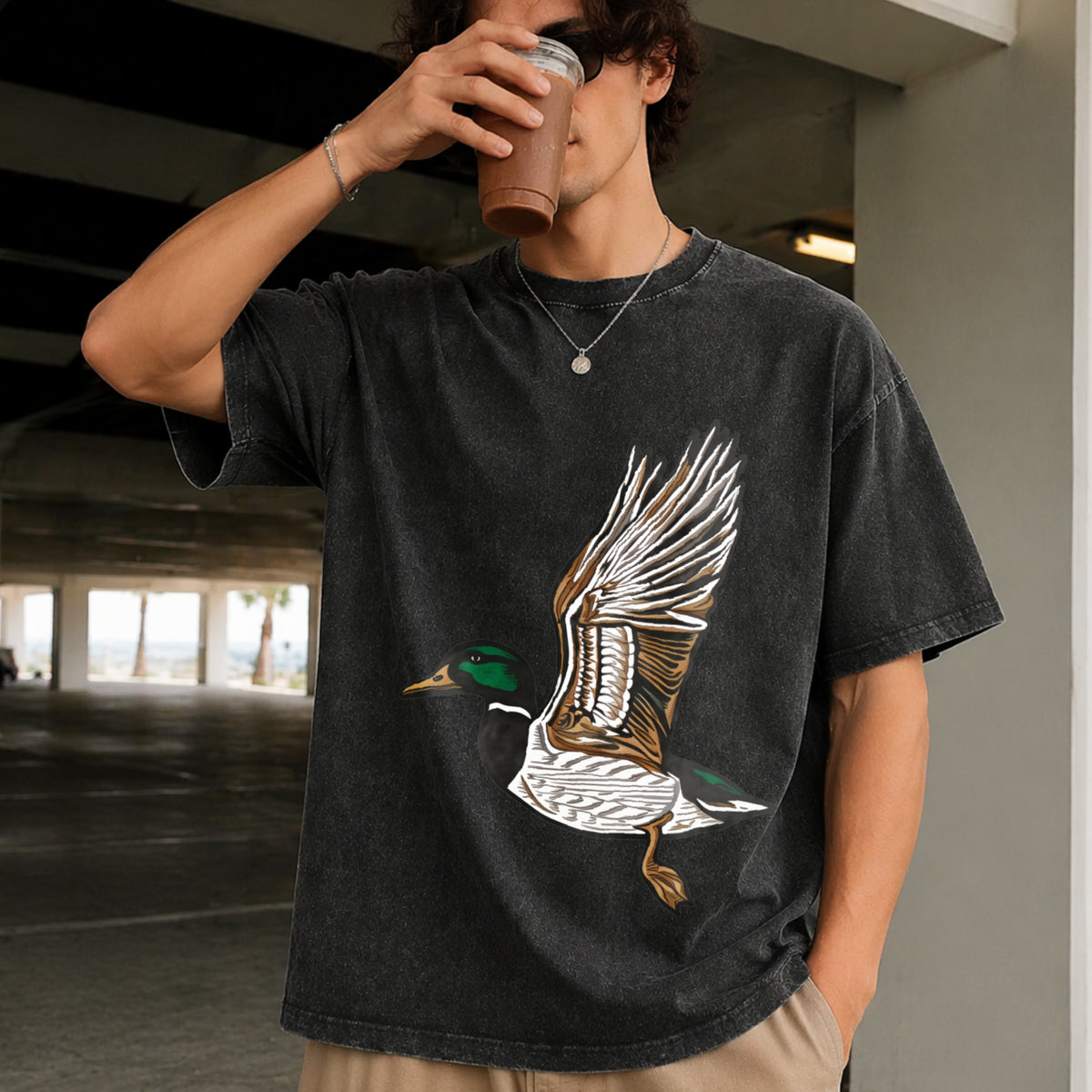 Embroidered Duck Animal Lover Vintage Washed T-Shirt in Black