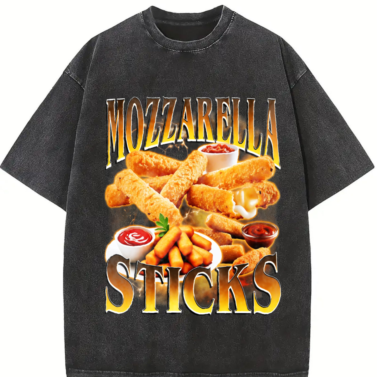 Mozzarella Sticks Retro Food Lover Gag Vintage Washed T-Shirt in Black