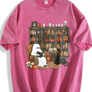 Retro Ghost Reading Books Vintage Washed T-Shirt in Red
