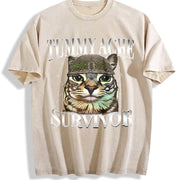 Tummy Ache Survivor Cat Meme Saying Cats Animals vintage washed oversized T-shirt in Beige