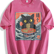 Retro Cat Eating Ramen 90s Vintage Washed T-Shirt in Red